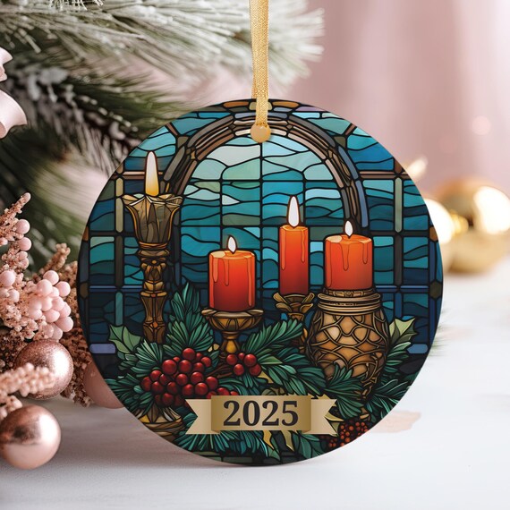 Stained Glass Christmas Candles 2025 Round Ornament Keepsake Poster