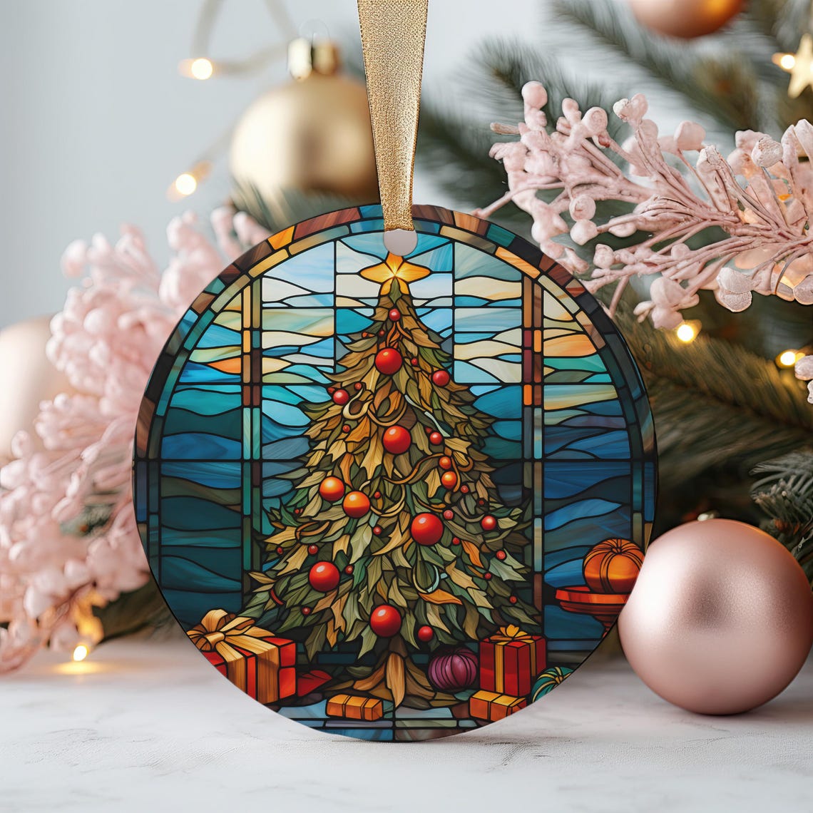 Stained Glass Christmas Tree Gifts 2025 Round Ornament Keepsake Poster