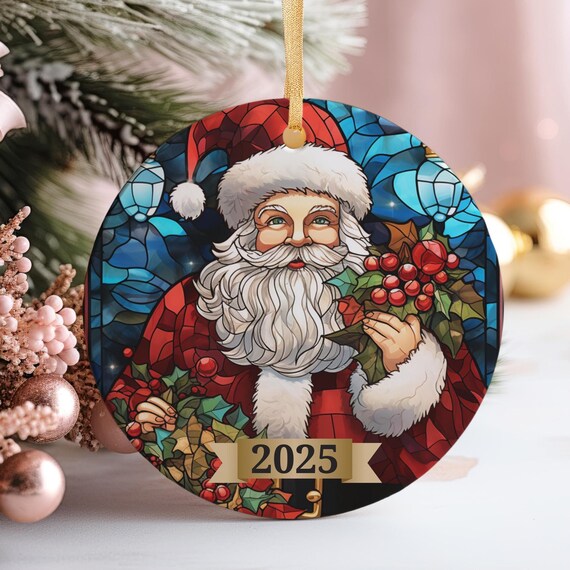 Stained Glass 2025 Santa Claus Christmas Ornament Holly Berries Art Print