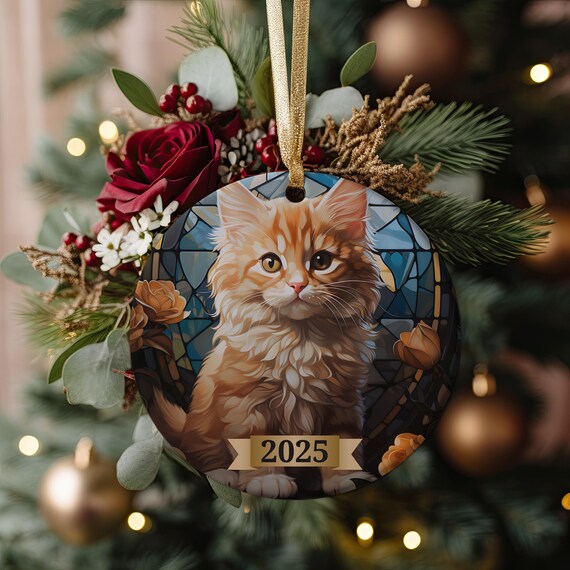 2025 Stained Glass Orange Kitten Fluffy Cat Holiday Keepsake Print