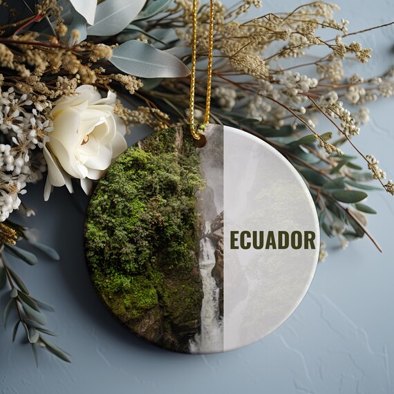 Ecuador Waterfall Jungle Round Ceramic Christmas Ornament Print