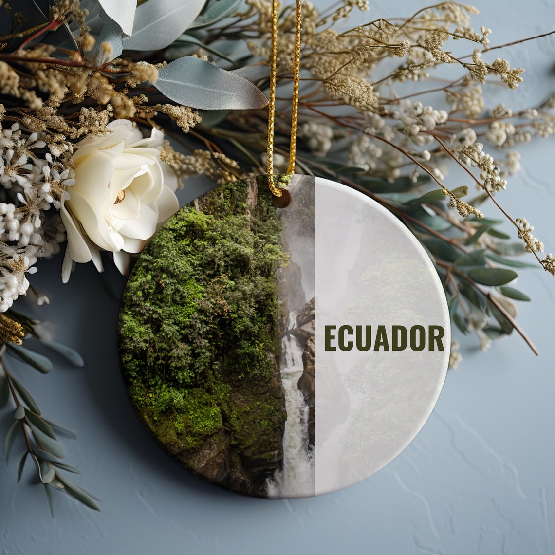 Ecuador Waterfall Jungle Round Ceramic Christmas Ornament Print