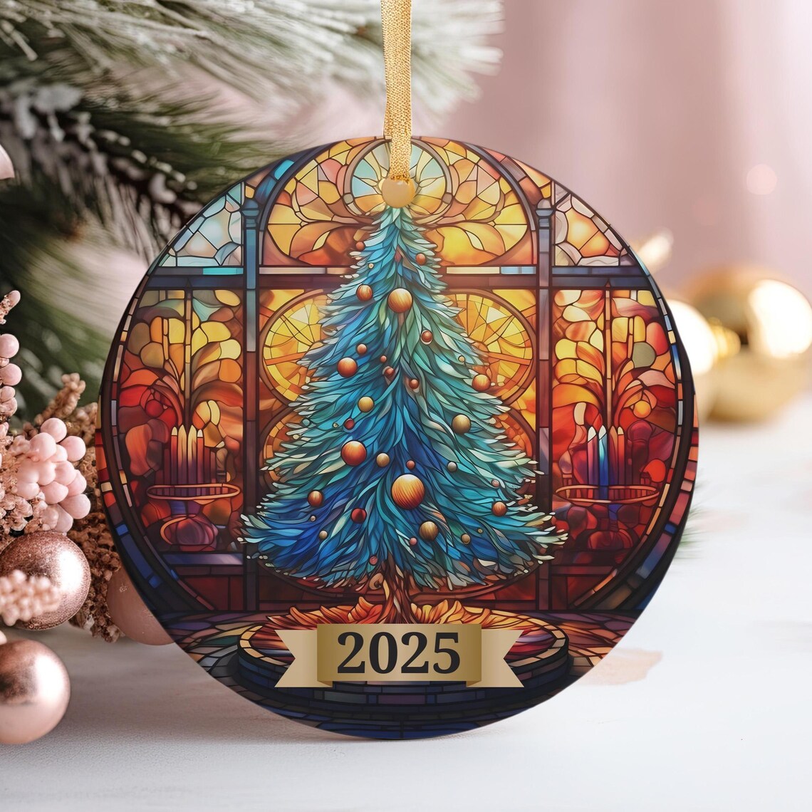Stained Glass 2025 Christmas Tree Ornament Blue Fir Cathedral Glow Art Print