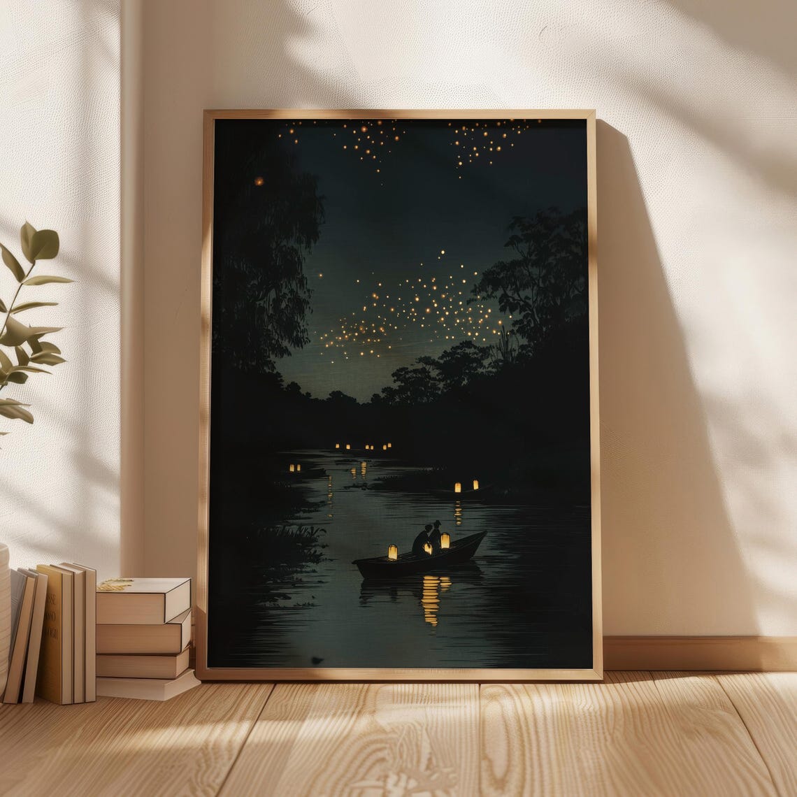 Fireflies Over River at Night Japanese Woodblock Style Poster