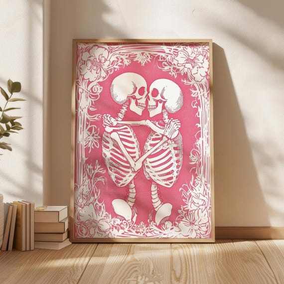 Skeleton Lovers W Pink Background Poster Art Prints Wall Home Decor