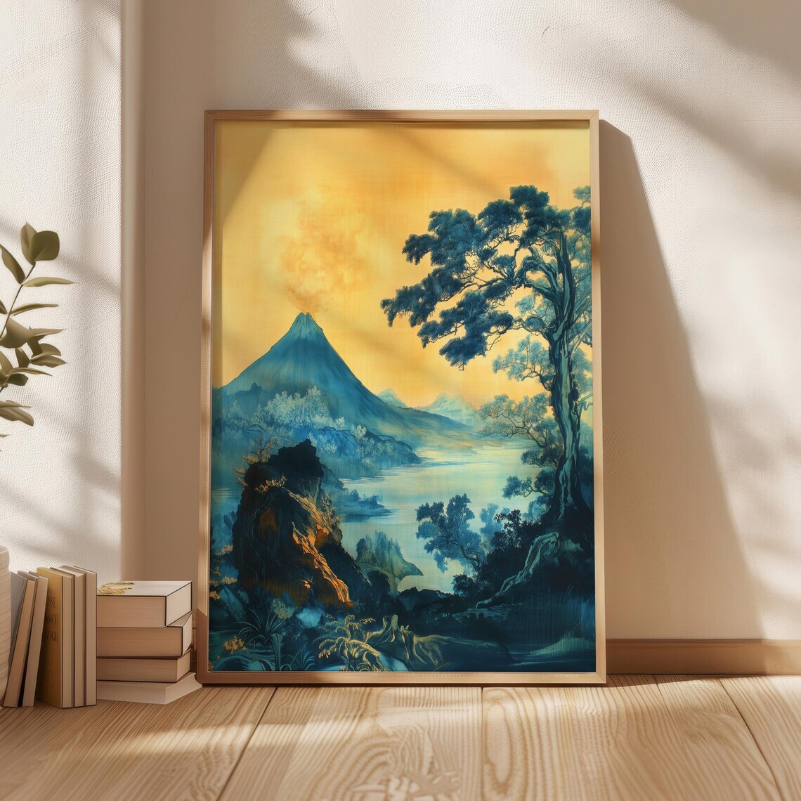 Mount Fuji Volcano Gold Sunset Blue Landscape Painting Poster