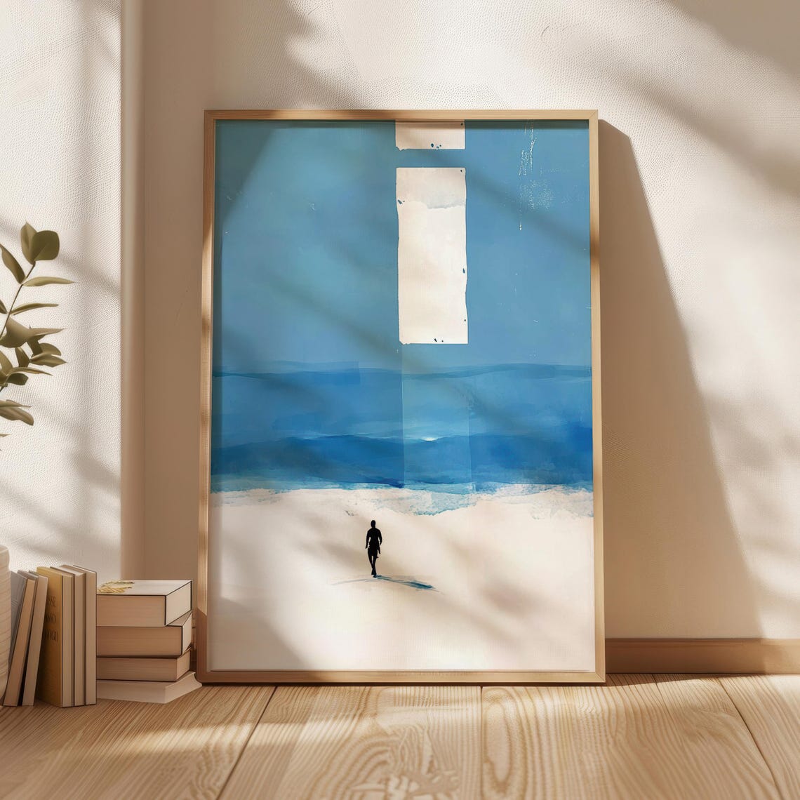 Lone Man Walking on White Beach Blue Minimalist Sea Art Poster