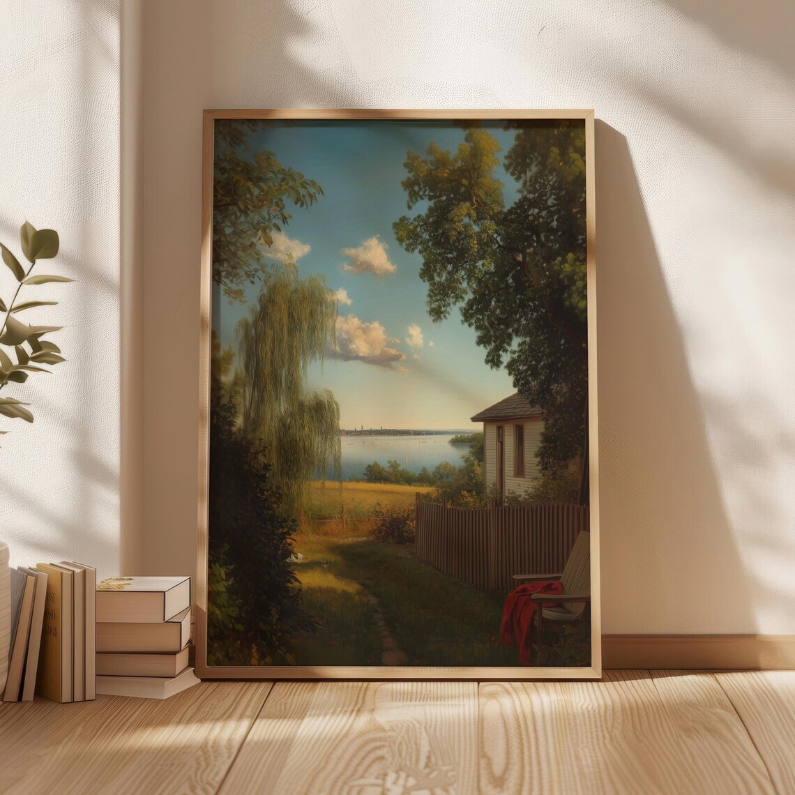 Sunny Lakeside Cottage Garden Vintage Landscape Painting Poster