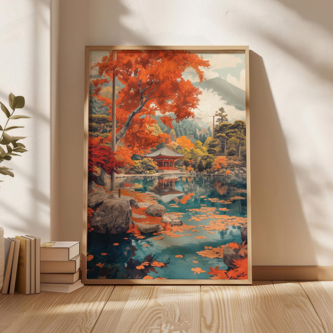 Japanese Autumn Lake Temple Red Maple Woodblock Style Poster
