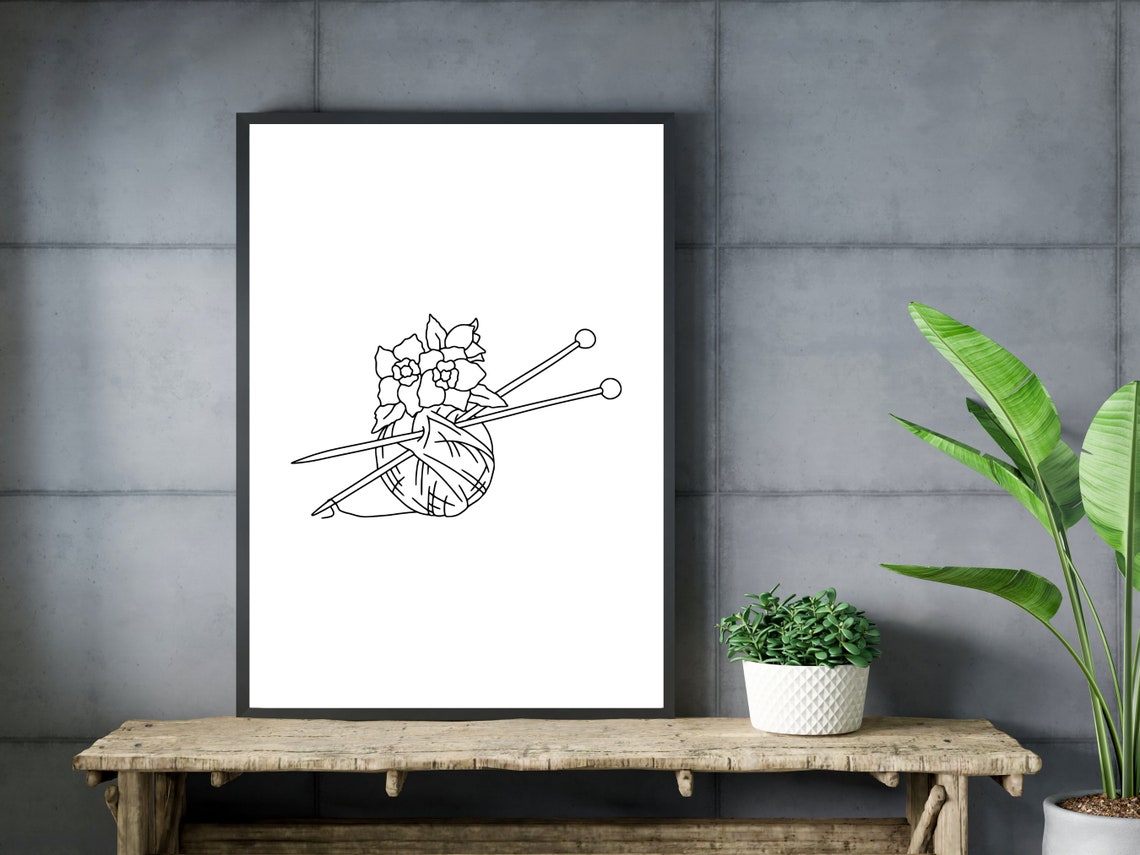 Knitting Needles Yarn Ball Floral Line Art Minimalist Poster - Image 3