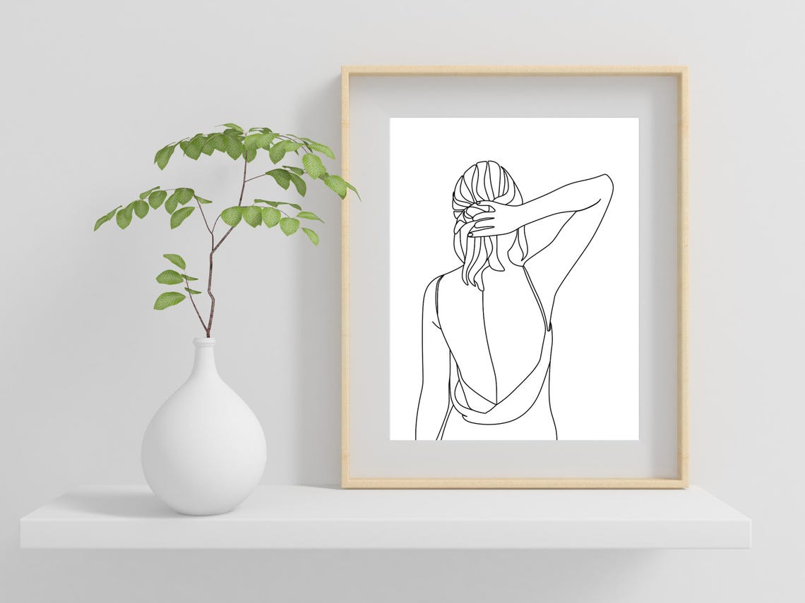 Elegant Woman from Behind in Open Back Dress Single Line Art Poster - Image 2