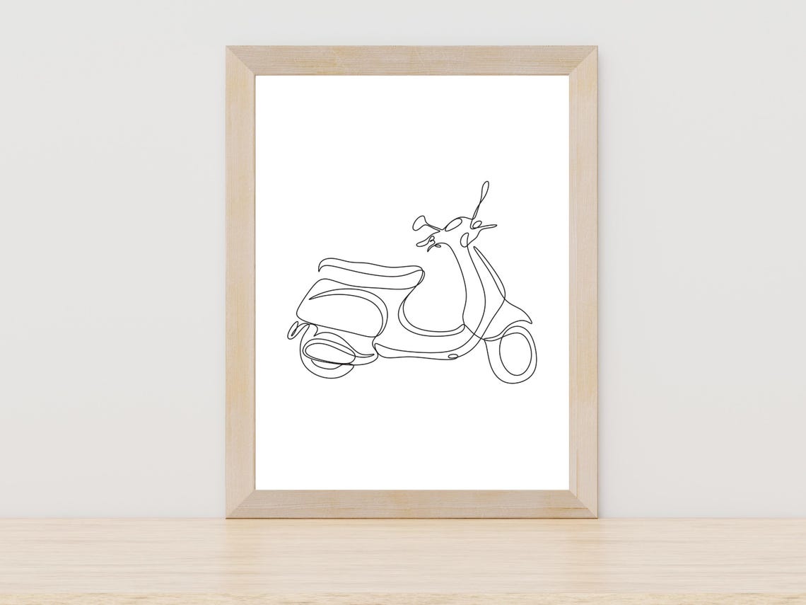 Vintage Scooter Moped Single Line Art Drawing Travel Wall Decor Poster
