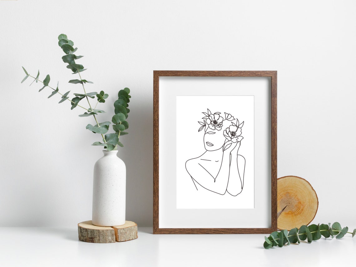 Woman Line Art Print With Flowers Line Drawing Woman Flower Naked Woman Line Art Body Line Drawing Abstract Woman Body Line Drawing Art - Image 4