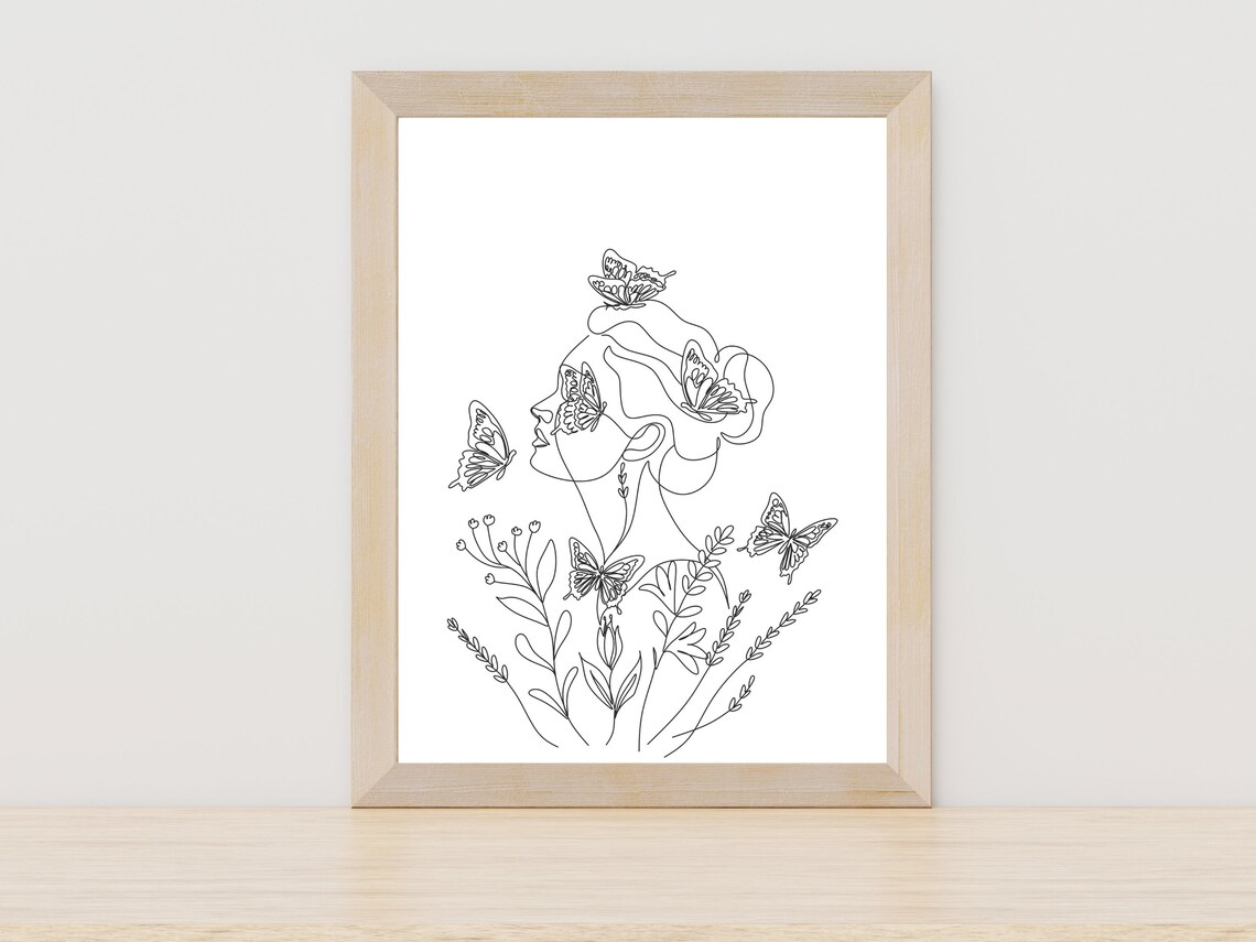 Woman Profile Flowers Butterflies Line Art Feminine Beauty Poster
