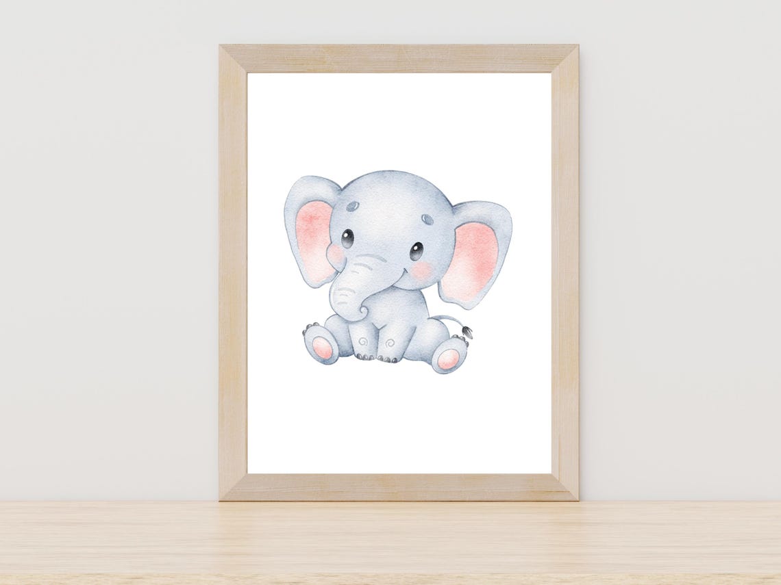 Cute Baby Elephant Watercolor Nursery Animal Illustration Poster