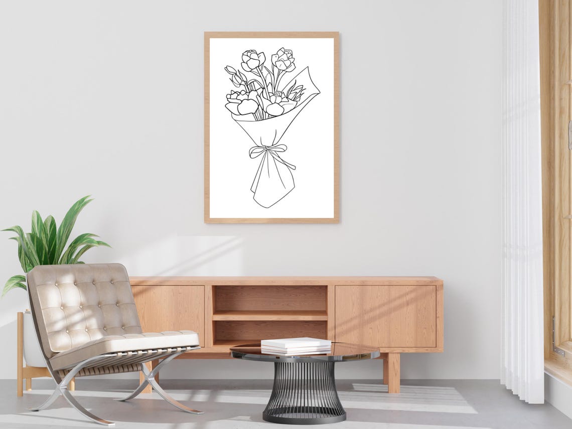 Minimalist Flower Bouquet Line Art Drawing Black White Poster - Image 4