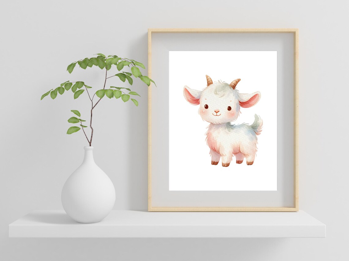 Cute Watercolor Baby Goat Nursery Farm Animal Wall Art Decor Gift - Image 2