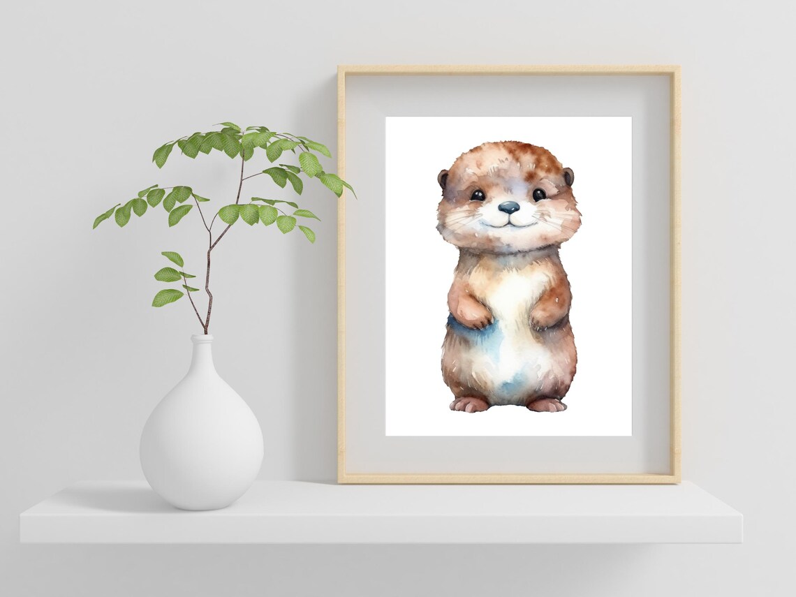 Baby Otter Watercolor Cute Woodland Nursery Animal Art Poster - Image 2