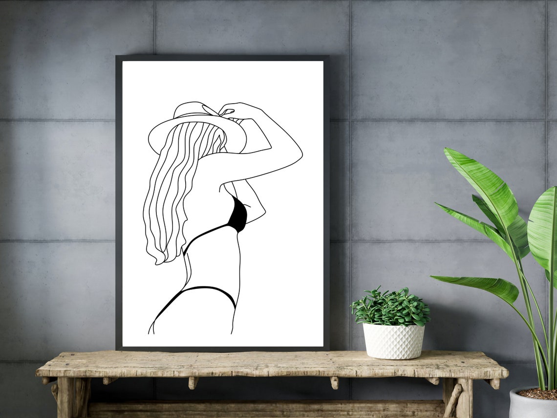 Woman Body Line Art Print Female Figure Line Art Women In Bikini Line Art Women In Hat Art Abstract Woman Body Wall Art Minimal Woman - Image 3