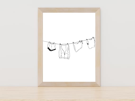 Clothes On Clothesline Line Art Laundry Room Minimalist Wall Decor Poster