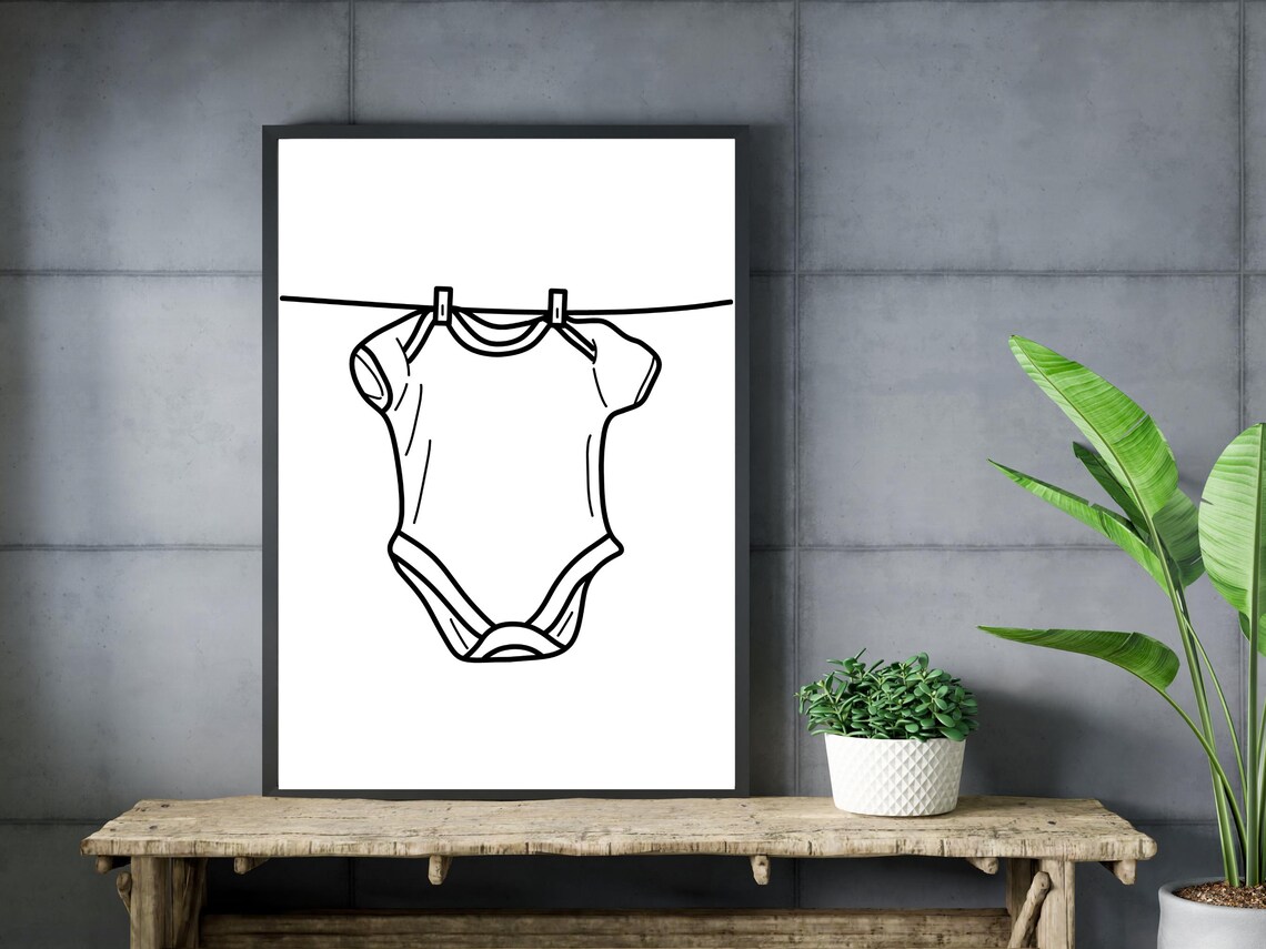 Baby Onesie On Clothesline Line Art Nursery Wall Decor Minimal Poster - Image 3