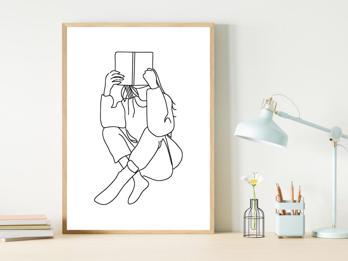 Woman Reading Book Covering Face Cozy Reader Line Art Poster - Image 3