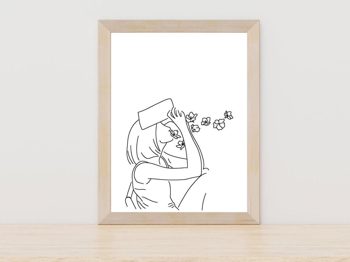 Woman Reading Book with Butterflies Minimalist Line Art Print