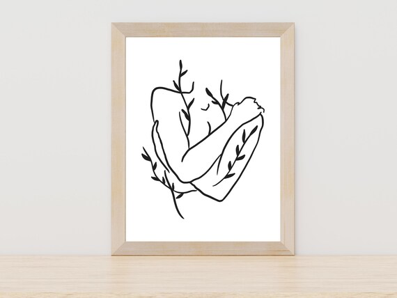 Self Love Woman Embracing Botanical Leaves Minimal Line Art Poster