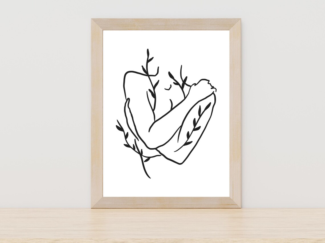 Self Love Woman Embracing Botanical Leaves Minimal Line Art Poster