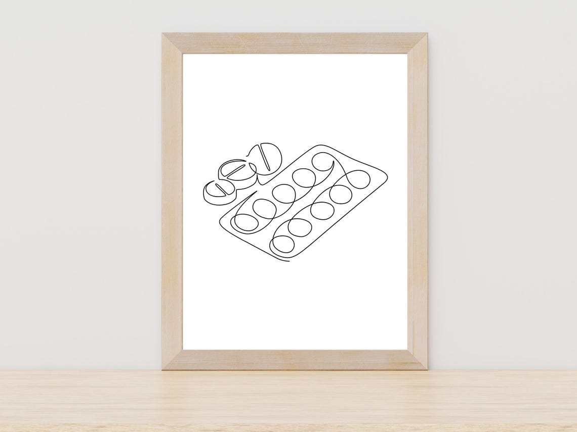 One Line Pill Blister Pack Drawing Minimalist Medical Office Print