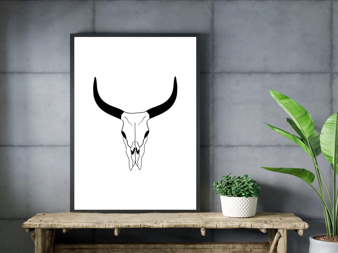 Bold Longhorn Skull Western Decor Black Cow Skull Art Poster - Image 3