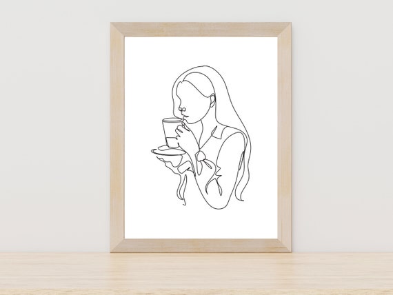 Woman Drinking Coffee Line Art Print Coffee Artwork Print Holding Coffee Line Art Woman Minimal Line Art Woman Minimal Wall Art