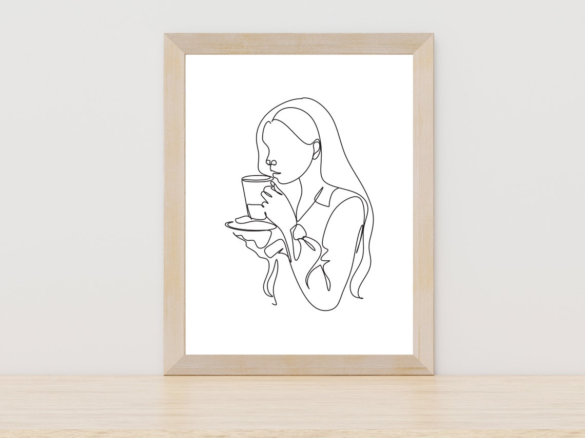 Elegant Woman Drinking Coffee Continuous One Line Art Poster