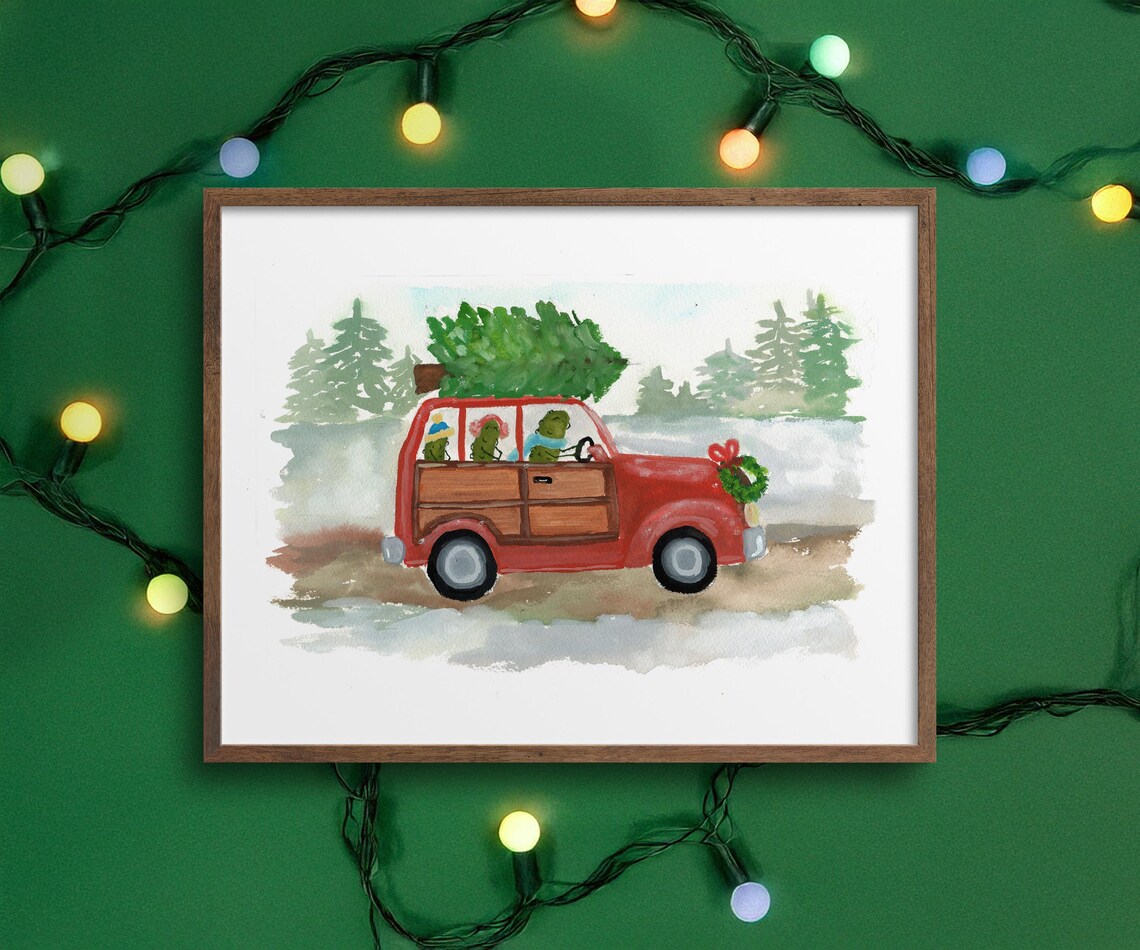 Whimsical Pickles Driving a Classic Woody Station Wagon, Watercolor