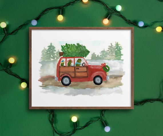 Whimsical Pickles Driving a Classic Woody Station Wagon, Watercolor