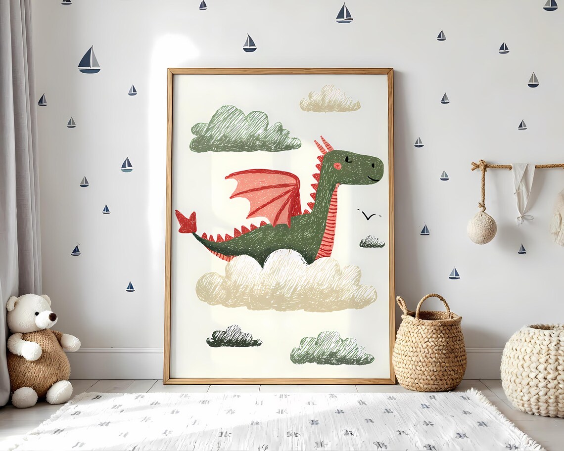 Cute Dragon Nursery Poster, Whimsical Kids Decor