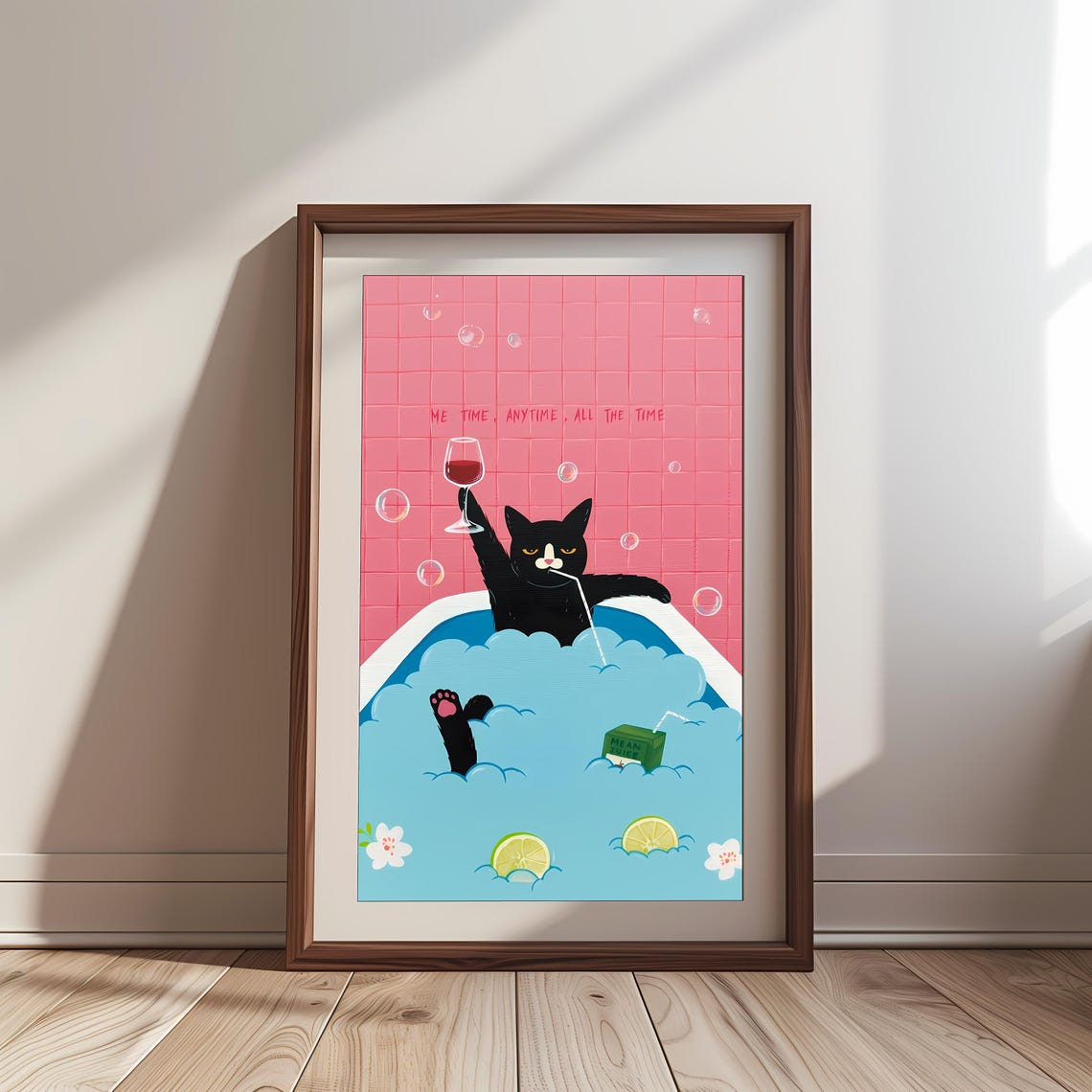 Black Cat in Bubble Bathtub Wine Glass Me Time Funny Pet Poster