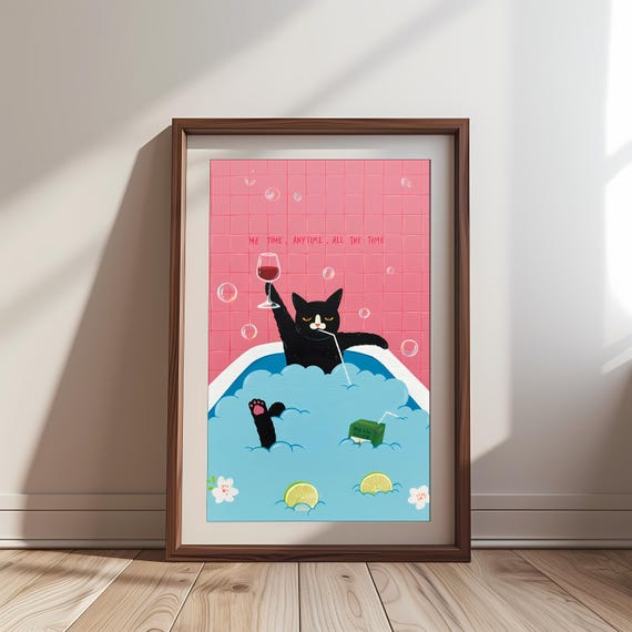 Funny Black Cat Poster Quirky Pet Art Cozy Me Time Print