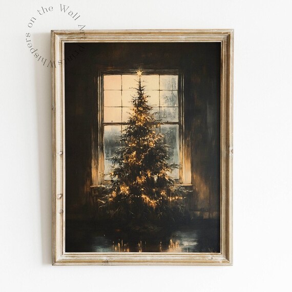 Dark Christmas Tree Print Moody Winter Decor Xmas Holiday Oil Painting Gothic Christmas Wall Art