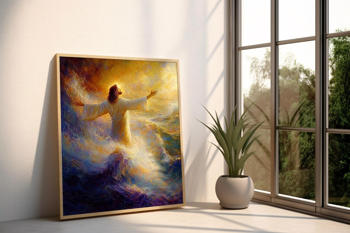 Jesus Walking On Water Colorful Waves Biblical Miracle Art Print - Image 3