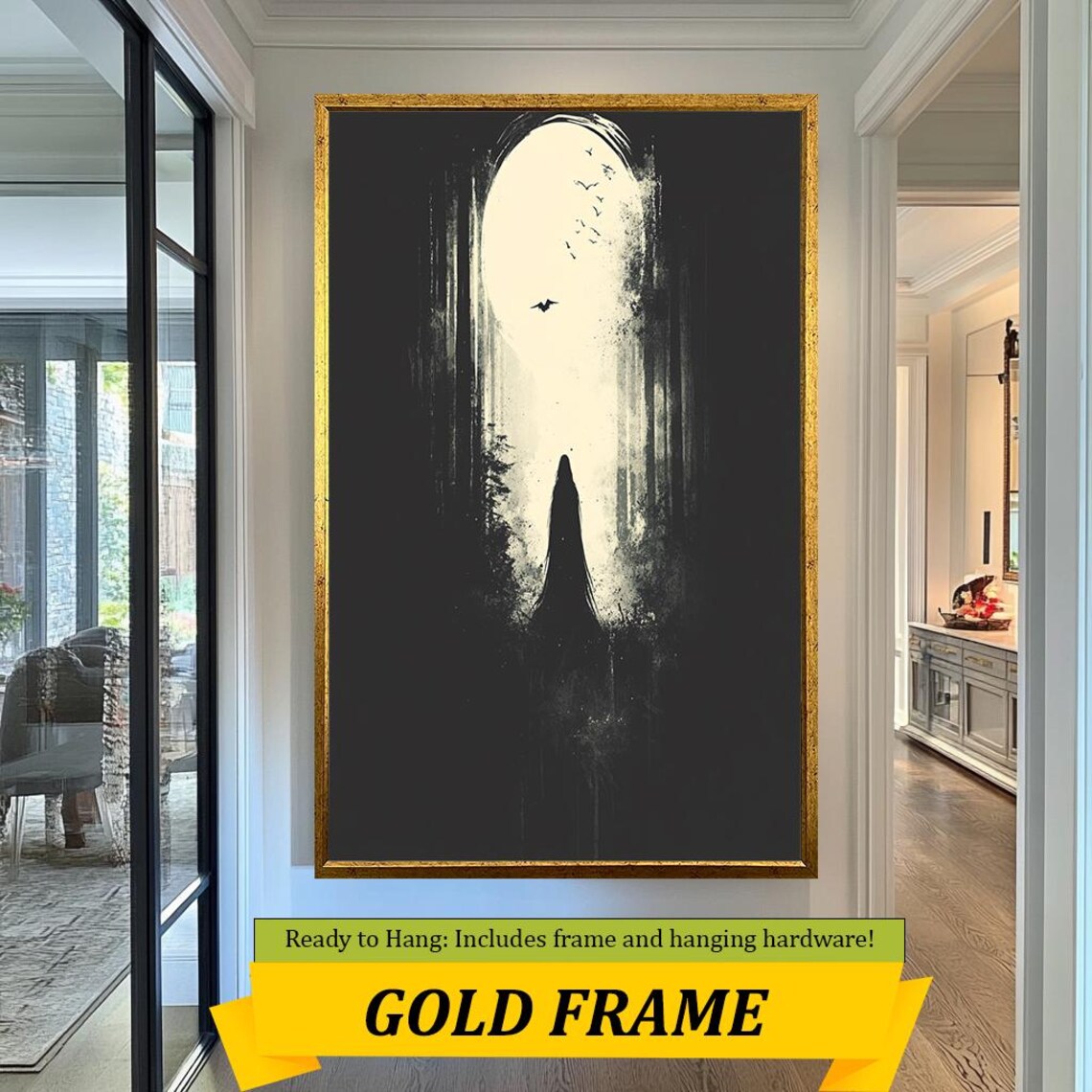 Cloaked Figure Before Glowing Oval Portal Dark Gothic Minimalist Poster - Image 5