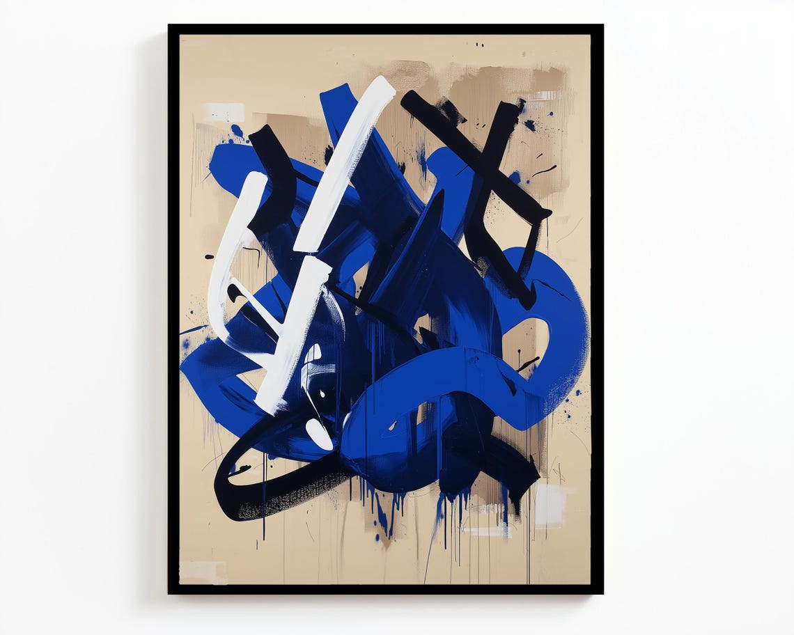 Bold Blue Black White Brush Stroke Beige Modern Abstract Art Poster - Image 4