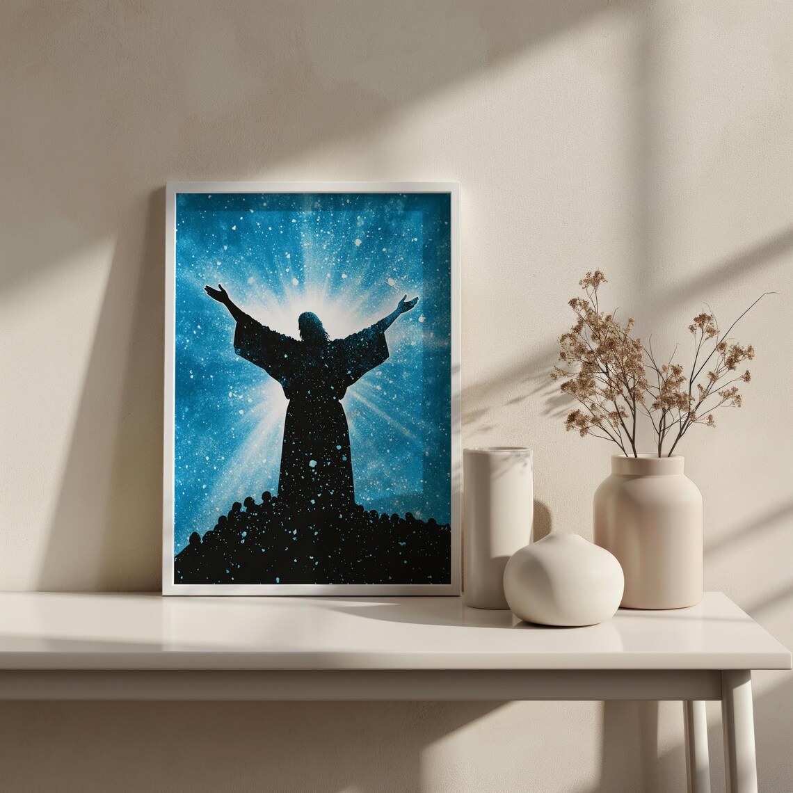 Jesus Christ Silhouette Starry Blue Sky Open Arms Faith Art Wall Poster - Image 4