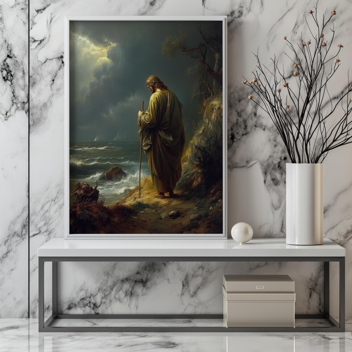 Jesus As Shepherd With Staff On Stormy Rocky Seashore Moody Wall Art - Image 2