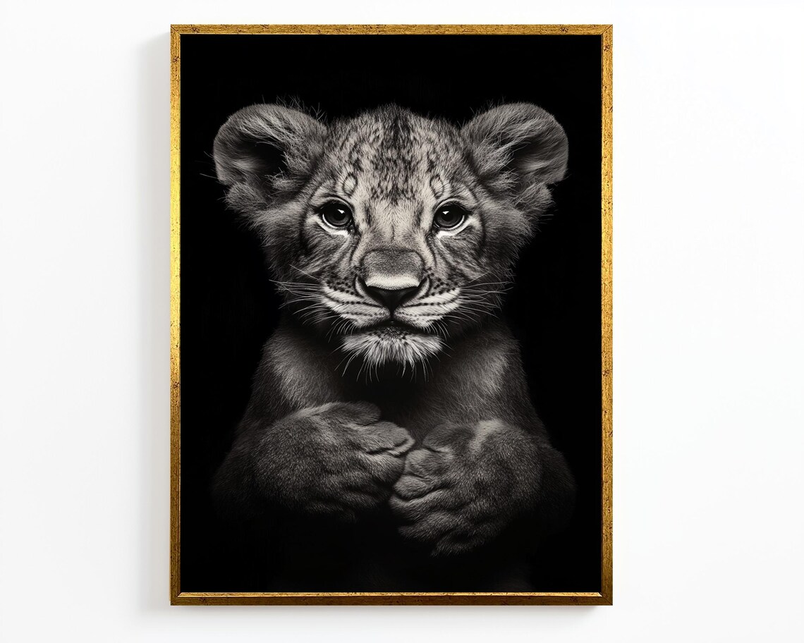Black And White Lion Cub Portrait Cute Baby Lion Dark Background Poster - Image 4