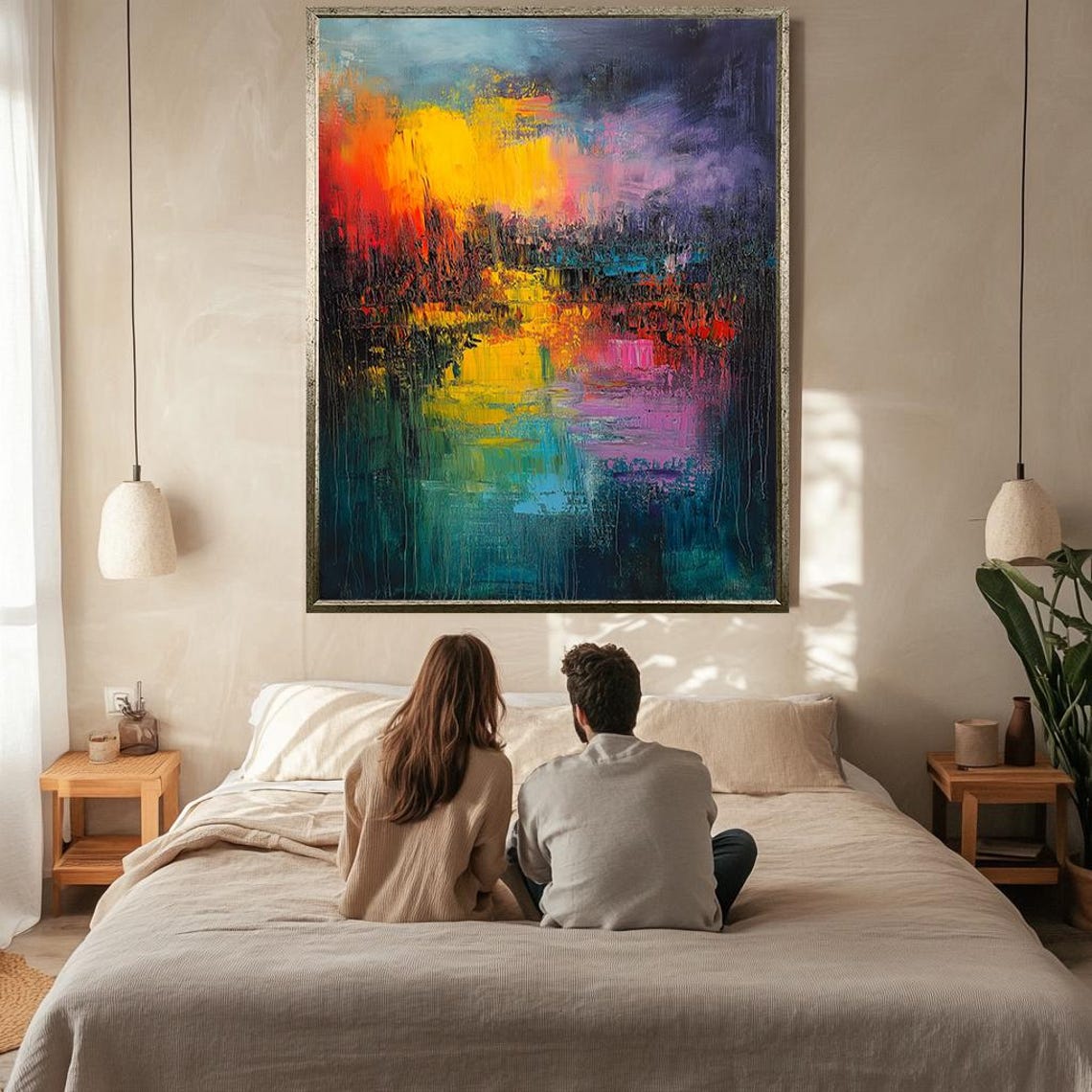 Colorful Abstract Sunset Lake Reflection Orange Purple Art Wall Poster - Image 2