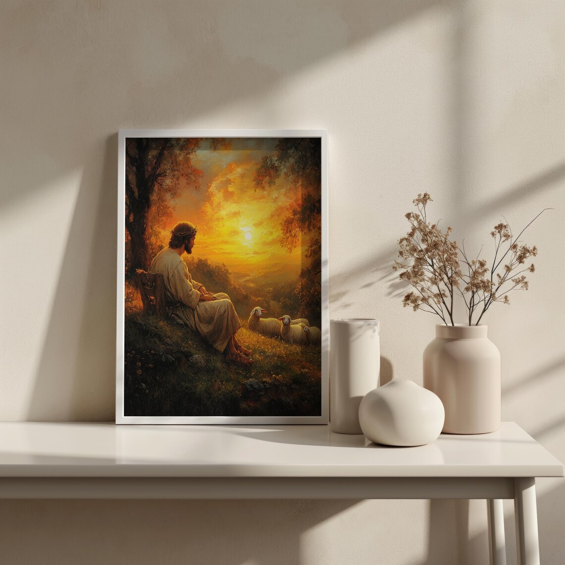 Good Shepherd Jesus Resting With Sheep Golden Sunset Meadow Wall Poster - Image 3
