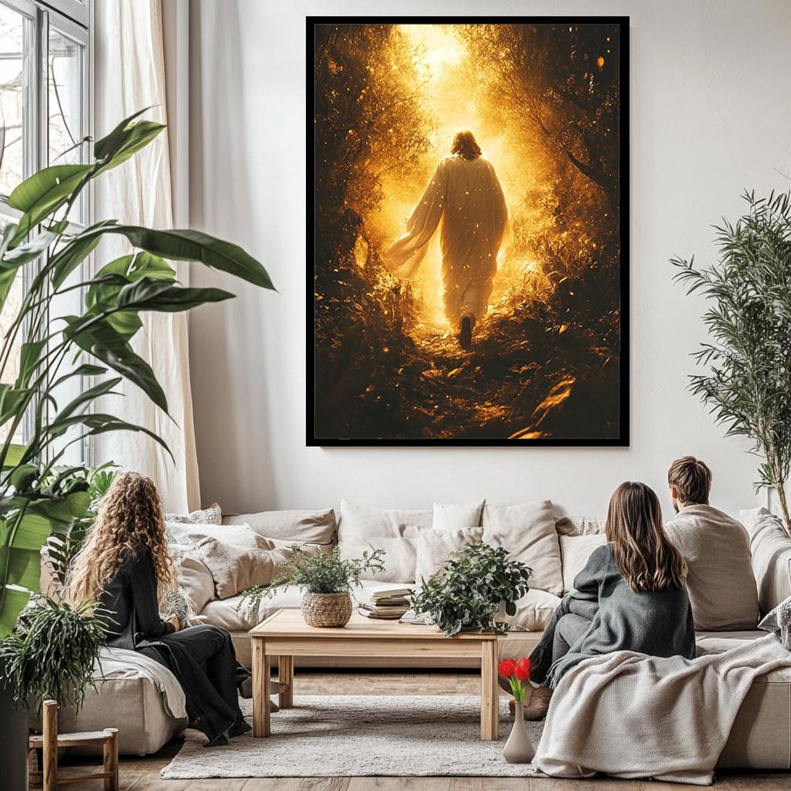 Jesus Walking Toward Golden Radiant Light In Dark Forest Path Poster - Image 3