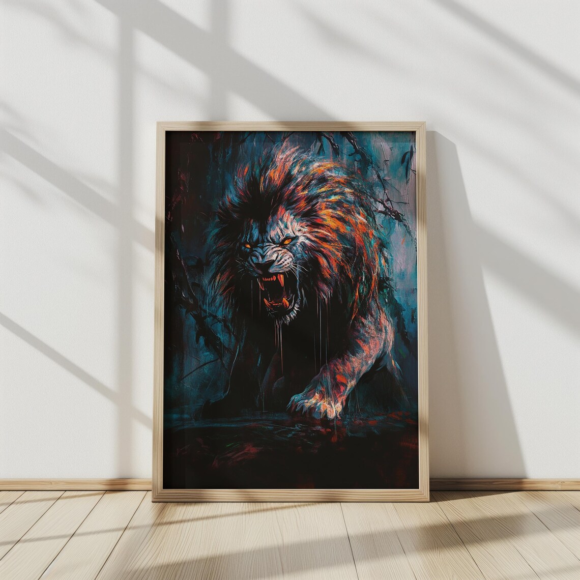 Roaring Lion Dark Jungle Painting Fierce Orange Black Wildlife Poster - Image 2