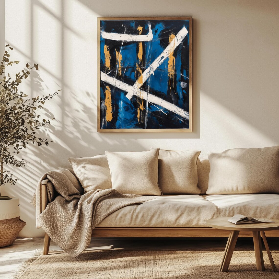 Abstract Geometric Art, Bold Blue White And Orange - Image 3